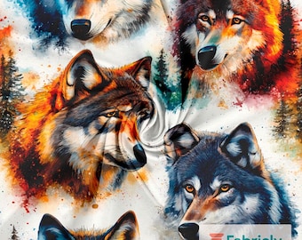 Jersey de algodón con bosque de lobos coloridos / Estampado de lobos en acuarela / Tela de vida silvestre para niños