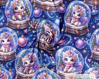 Starry Blue Unicorn Cotton Jersey Fabric by the Meter, GOTS Organic Stretch Knit, Snow Globe Girls Sewing Fabric