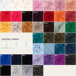 Peut inclure: Un nuancier de tissu présentant une variété de couleurs de jersey de viscose. Le tableau affiche de nombreux échantillons de tissu dans des teintes comme le rouge, le jaune, le bleu et le noir. Le texte "Viscose Jersey" est visible, ainsi que d'autres détails sur le tissu.