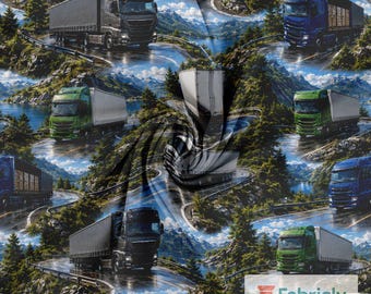 Mountain Road Lorry Cotton Jersey Fabric by the Meter, GOTS Organic Stretch Knit, Blue Sky Truck Boys Sewing Fabric