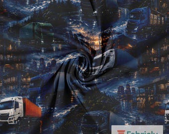 Night Harbour Truck Cotton Jersey Fabric by the Meter, GOTS Organic Stretch Knit, Blue City Lorry Boys Sewing Fabric