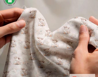 Tessuto in jersey di cotone bianco fulvo delicato / Stampa minimalista di cervi / Tessuto per abiti da bambina