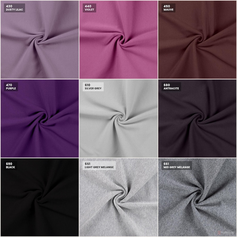 Rib cuff color chart: purples, greys, and black with color codes