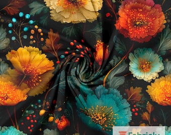 Autumn Chrysanthemum Cotton Jersey Fabric | Moody Floral Print, 4-Way Stretch (220gsm)