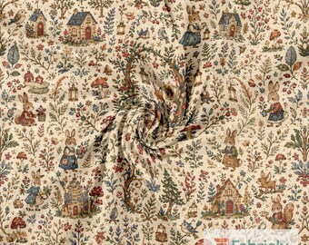 Folk Art Christmas Tree Cotton Jersey Fabric by the Meter, GOTS Organic Knit, Beige Tiny Forest Kids Sewing Fabric