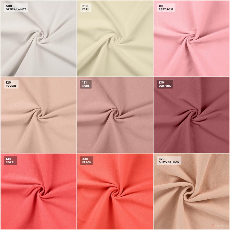 Rib cuff color chart: whites, pinks, and coral shades with color codes