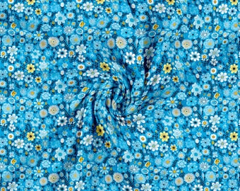 Whimsical Blue Blooms Blue Cotton Jersey | Floral Fabric | Girls Playwear
