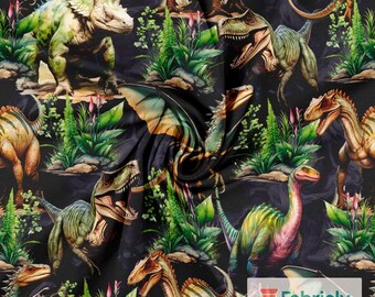 Realistic Dinosaurs Jungle Cotton Jersey | Dark Tropical Dino Print | Boys Fabric