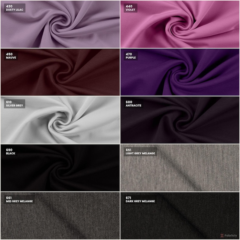 Sommersweat color chart: purples, greys, and melange with codes