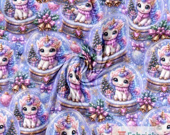 Pastel Lilac Unicorn Cotton Jersey Fabric by the Meter, GOTS Organic Stretch Knit, Pink Girls Christmas Sewing Fabric