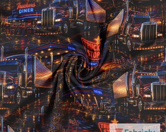 Neon Truck Stop Cotton Jersey Fabric by the Meter, GOTS Organic Stretch Knit, American Big Rig Boys Sewing Fabric