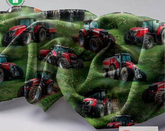 Pastoral Red Vehicle Green Meadow Cotton Jersey | Blooming Field Print | Boys Fabric