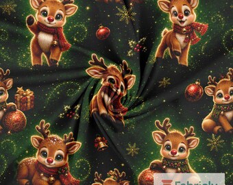 Sparkling Reindeer Cotton Jersey Fabric by the Meter, GOTS Organic Stretch Knit, Emerald Gold Kids Christmas Fabric