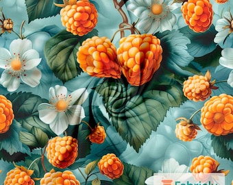 Cloudberry Blue Cotton Jersey | Nordic Berry Blossom Print | Scandinavian Botanical Fabric