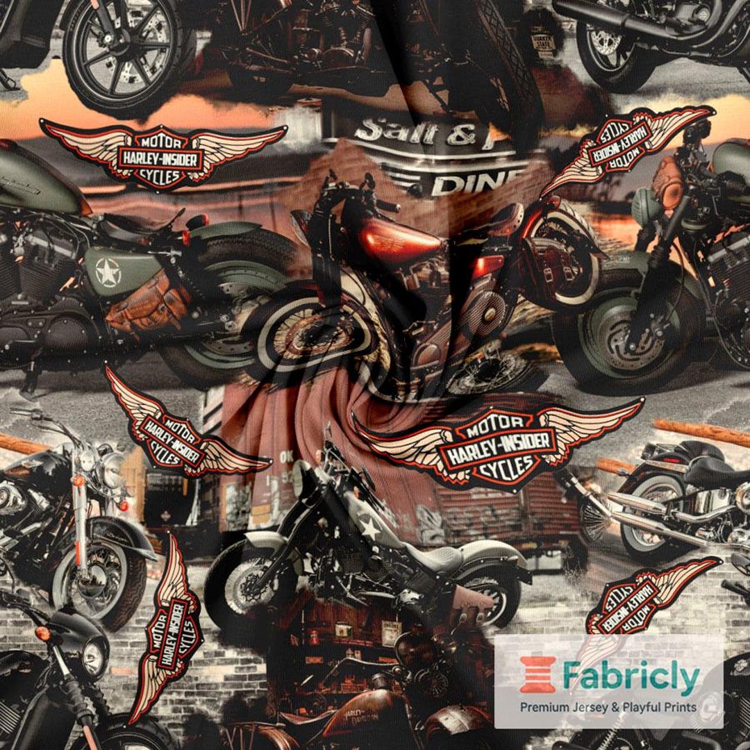 Vintage Motorcycles Cotton Jersey | Retro Biker Print Fabric | Boys ...