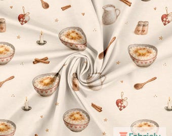 Danish Rice Pudding Cotton Jersey Fabric by the Meter, GOTS Organic Stretch Knit, Risengrod Christmas Baking Fabric