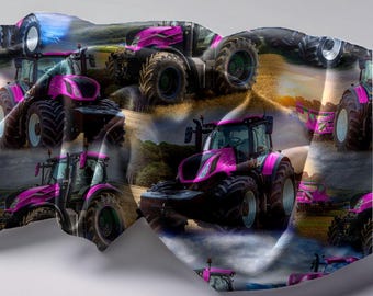 New Holland Traktor-Print aus rosa Baumwolljersey | Landwirtschaftsmaschinen-Motiv | Mädchenstoff