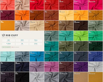 May include: A color chart of 64 fabric swatches in various colors, including white, pink, red, orange, yellow, green, blue, purple, and gray. The text "1/1 RIB CUFF" is at the top, with details about the fabric's composition and dimensions.