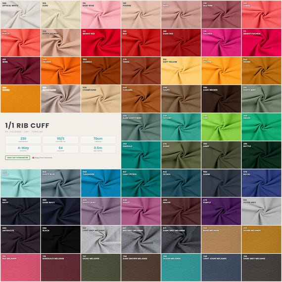 1/1 Rib Cuff Knit Fabric 64 Colors | Tubular Rib Trim by the Meter