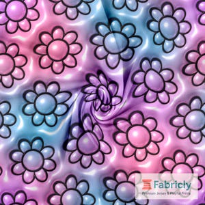May include: A fabric with a repeating pattern of stylized flowers. The flowers have a black outline, a central pearl, and petals in shades of pink, blue, and purple. The background has a gradient effect.