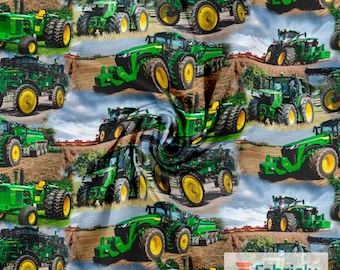 Green Tractors Hayfield Cotton Jersey | Farm Machinery Print | Boys Agriculture Fabric