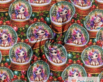 Unicorn Snow Globe Cotton Jersey Fabric by the Meter, GOTS Organic Stretch Knit, Green Red Girls Christmas Fabric