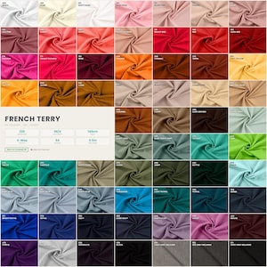 Puede incluir: Una carta de muestras de tela que muestra 54 colores de tela French Terry. Las muestras están dispuestas en filas y columnas, mostrando una variedad de tonos, incluyendo rosas, rojos, naranjas, verdes, azules y morados. La carta también incluye especificaciones de la tela.