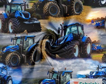 Blue Tractors Harvest Cotton Jersey | Farm Machine Detail Print | Boys Field Fabric