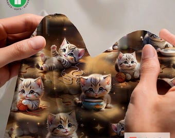 Whimsical Kitten Play Brown Cotton Jersey | Cozy Cat Print Fabric | Pajamas & Lounge