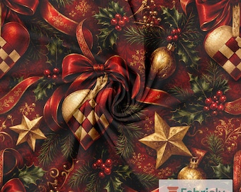 Red Christmas Ribbon Cotton Jersey Fabric by the Meter, GOTS Organic Stretch Knit, Gold Star Woven Heart Sewing Fabric