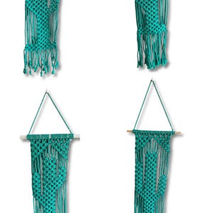 May include: Four turquoise macrame cactus wall hangings. Each piece features a cactus design with fringe at the bottom. The hangings are attached to a wooden dowel and suspended by a string.