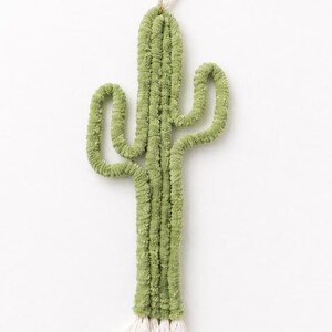 May include: A green, plush cactus-shaped ornament with a white tassel base and a loop for hanging. The cactus has a textured, fuzzy appearance and a light green color. The ornament is approximately 12 inches tall.