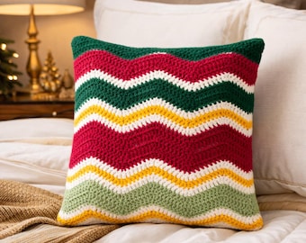 Patrón de cojín Chevron navideño de crochet: cojín cuadrado DIY en PDF, decoración festiva para el hogar, ideal para principiantes, cama y sofá