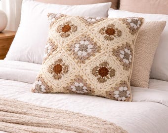 Oreiller carré grand-mère au crochet, motif PDF – Housse de coussin florale vintage