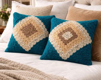 Almohada de crochet Double Take: cojín decorativo cuadrado hecho a mano, almohada de cama premium, decoración bohemia moderna para el hogar.