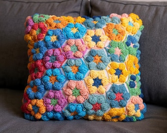 Patrón de cojín de flores de crochet: Cojín cuadrado colorido de abuela (PDF), ideal para principiantes, decoración bohemia.