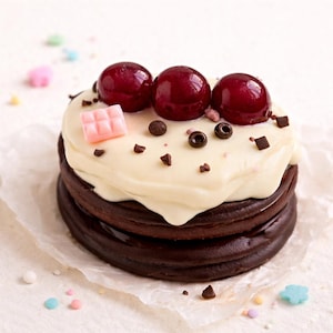 May include: A small, layered chocolate dessert topped with white icing and three cherries. The dessert is decorated with chocolate shavings, small chocolate sweets, and a pink square sweet. The dessert sits on white parchment paper.