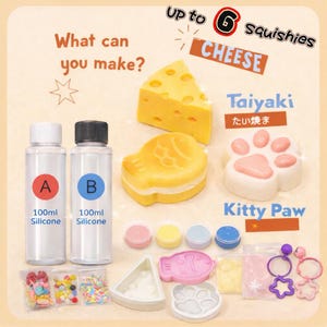 Peut inclure: Un kit de bricolage avec le texte "What can you make?" comprend deux bouteilles de silicone de 100 ml, des moules et des squishies colorés. L'image présente un morceau de fromage, un Taiyaki en forme de poisson et un squishy en forme de patte de chat. Le kit promet jusqu'à 6 squishies.