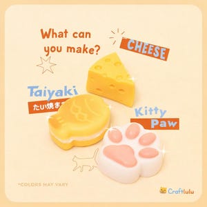 Op de afbeelding: Een afbeelding met een gele kaaswig, een Taiyaki-gebakje in de vorm van een vis en een wit-roze kattenpoot. Tekst bevat "What can you make?" en "CHEESE", "Taiyaki" en "Kitty Paw".