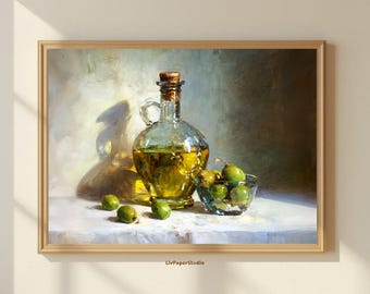 Vintage Olive Oil Still Life Art Print, Rustic Kitchen Wall Decor (Digital Download)
