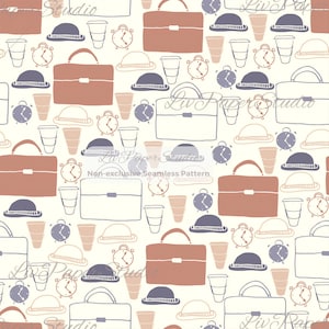 May include: Seamless pattern featuring hand-drawn illustrations of briefcases, hats, coffee cups, and alarm clocks in shades of brown, beige, and purple on a cream background. The pattern includes the text "Non-exclusive Seamless Pattern".