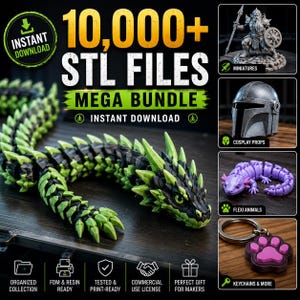 Puede incluir: Una colección digital de más de 10,000 archivos STL para impresión 3D, que incluye un gran dragón articulado verde y negro, una miniatura de guerrero de fantasía, un casco metálico, un ajolote morado y un llavero con forma de pata rosa.