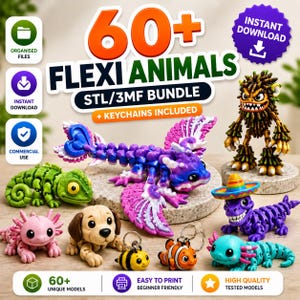 May include: A collection of 3D-printed Flexi Animals, including a dragon, axolotl, dog, and bee keychain. The image features the text "60+ FLEXI ANIMALS STL/3MF BUNDLE + KEYCHAINS INCLUDED". The models are colorful and designed for easy printing.