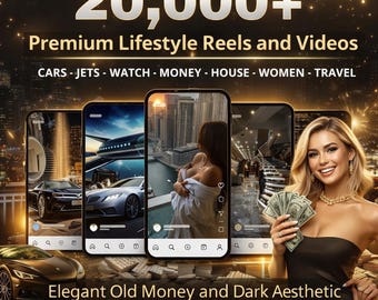Pode incluir: Um anúncio de um pacote de vídeo com o texto "20.000+ Premium Lifestyle Reels and Videos". A imagem apresenta uma mulher segurando dinheiro, com smartphones exibindo conteúdo de estilo de vida de luxo. O texto "Elegant Old Money and Dark Aesthetic Video Pack" também é visível.