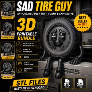 May include: A 3D printable bundle for a Sad Tire Guy articulated desk toy. The black tire character features a sad facial expression with drooping eyes and a downturned mouth, along with poseable black arms and legs. Includes STL and 3MF files.