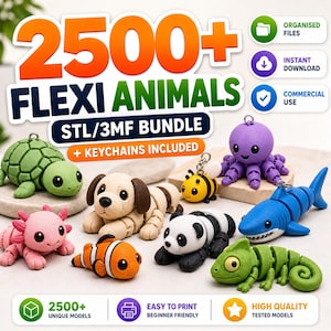 2500+ Flexi Animals STL-paket – Söta, ledade 3D-utskriftsfiler, minileksaker och nyckelringar, enkel utskrift, direktnedladdning, kommersiell användning