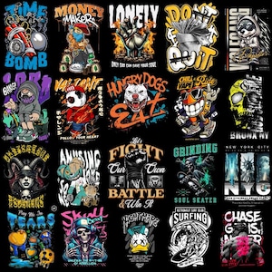 May include: A collection of graphic t-shirt designs with various illustrations and text. Designs include a bomb, a panda, a skull, a dog, and other characters. The shirts feature bold colors and urban art styles.
