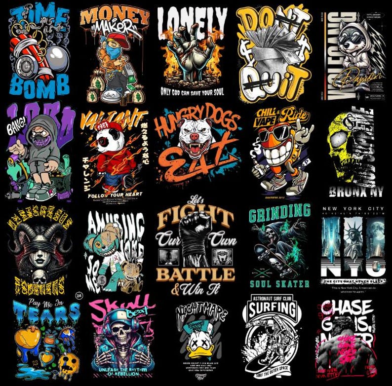 May include: A collection of graphic t-shirt designs with various illustrations and text. Designs include a bomb, a panda, a skull, a dog, and other characters. The shirts feature bold colors and urban art styles.