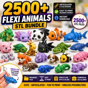 May include: An image promoting a 3D-printed flexi animal bundle. The image displays a range of colourful articulated animal models, such as a dragon, panda, and shark. Text on the image reads "2500+ Flexi Animals STL Bundle".