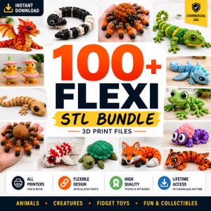 May include: A digital collection of 100+ flexi STL bundle 3D print files featuring articulated animal figures including a red dragon, black and white snake, orange spider, green lizard, yellow ducklings, brown gecko, koi fish, turtle, fox, and tiger.